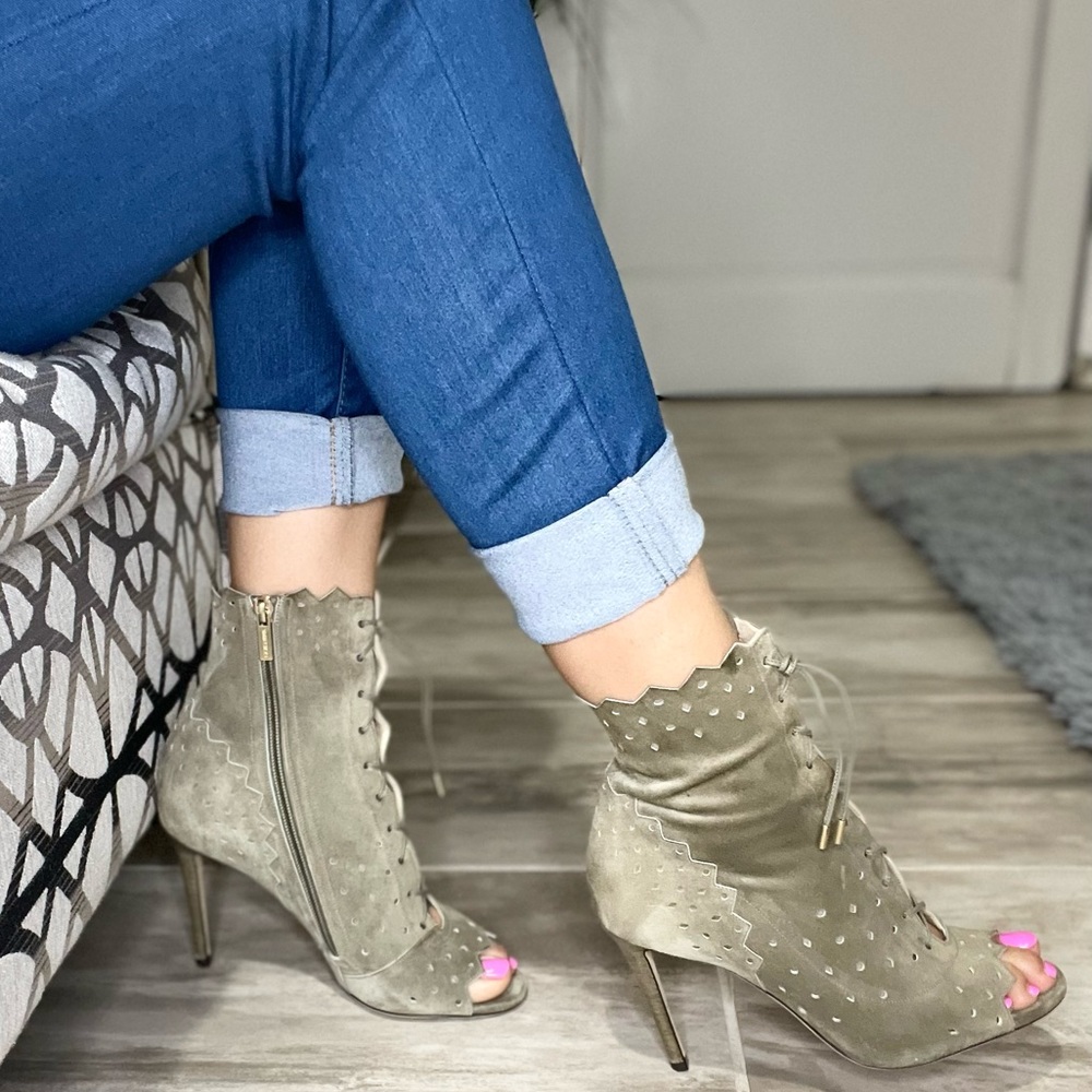 Mint Green, Suede Jimmy Choo Open Toe Heel Booties